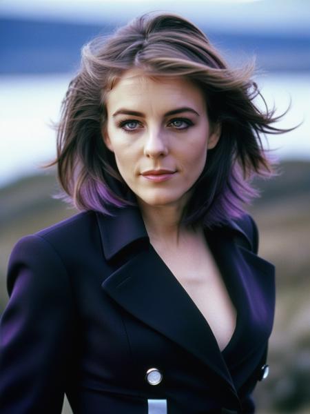 professional portrait photograph of a beautiful, elizabethhurley, <lora:elizabethhurley_sdxl:0.8> with (long purple hair), (wearing futuristic black lab coat:1.2), (looking over shoulder in a winter landscape:1.2), summer <lora:DetailedEyes_V3:0.8>  (pores:0.5) (freckles:0.2)
