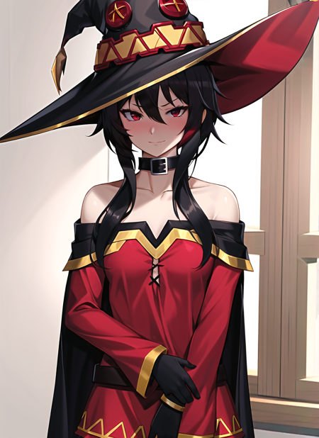 zeronis, megumin, 1girl, bare shoulders, black hair, black cape, black gloves, blush, cape, choker, collarbone, dress, hair between eyes, hat, long sleeves, looking at viewer, medium hair, off-shoulder dress, off shoulder, red dress, red eyes, sidelocks, solo, witch hat, indoors, ((masterpiece))  <lora:zeronis_offset:1>