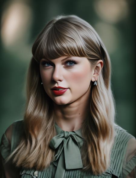 TaylorSwift, photograph, 1900'S Female, Ranger, dark green Circle Beard, shallow depth of field, Nikon d850, F/2.8,  <lora:TaylorSwiftSD1.5:1>