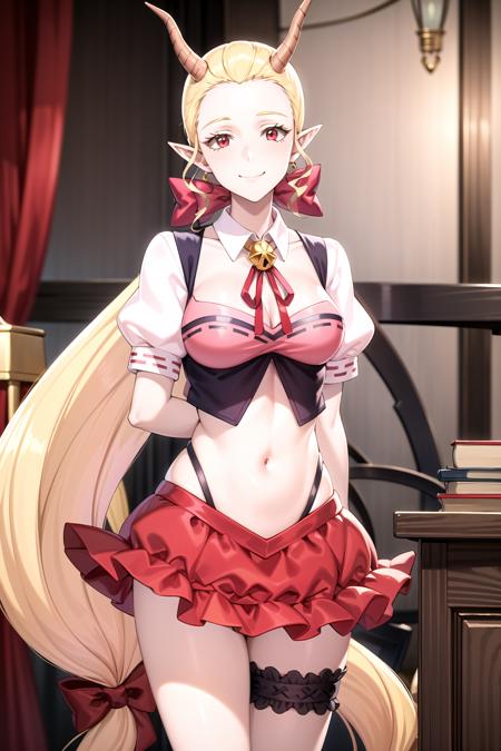 ix elizabetta blonde hair, very long hair, ponytail, red eyes, horns, pointy ears, hair bow IxSchoolUniform, brooch, bridal garter, red skirt, navel, puffy sleeves