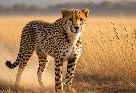Design a stunning, 
hyper-realistic scene of a cheetah in the race run  in its natural habitat. Capture the sleek, 
powerful form of the cheetah as it runs through the wild, 
its muscles rippling beneath its spotted coat. The setting should evoke the vast, 
untamed beauty of the savanna, 
with tall grasses swaying in the wind and a distant horizon under a sunlit sky. The cheetah should be the focal point, 
exuding both grace and intensity, 
ready to spring into action. The overall atmosphere should convey the raw, 
untamed energy of the wild, 
highlighting the cheetah's speed and elegance in its natural environment.