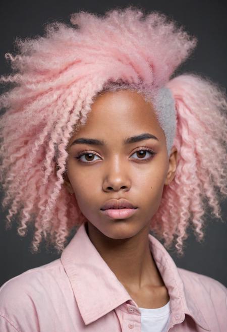 Create a dramatic photographic portrait, capturing the essence of a unique individual. 
Type of Person and Age: Non-binary Person .
Hair Color: Pink Pastel .
Hair Style: Natural Afro .
Eye Color: Mysterious Brown .
Ethnicity: Caucasian .
Emotion: Innocent and Whimsical .
(Skin Detail: The skin exhibits intricate, pore-level details, with sharp and clear skin texture, enhancing the realism and depth of the portrait.)
<lora:add-detail-xl:1> <lora:sdxl_offset_example_v10:1>
