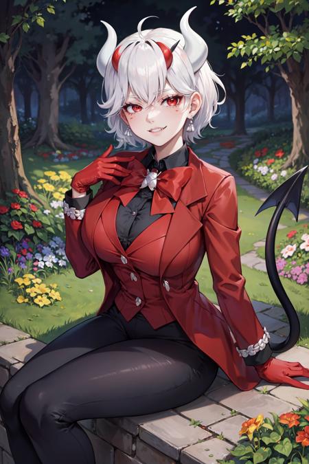 (masterpiece, best quality, glowing light, ultra detailed, detailed background, complex background), (perfect face, detailed face), (mature female, milf:1.3), red eyes, half-closed eyes, smirk, smug, fangs
<lora:beelzebub:0.8>, beelzebub, horns, demon girl, short hair, demon horns, white horns, earrings, gloves, shirt, freckles, demon tail, tail, red gloves, formal, medium breasts, suit, bow, jacket, red jacket
(outdoors, garden, thighs, pants, demon tail, sitting  )