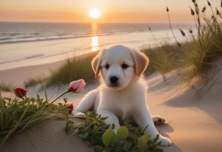 puppy flower bloom on a dune covered with grass. Their delicate petals contrast with the severity of the sandy beach and the wildness of the ocean. The photo exudes peace and beauty of nature. Possible tags: sunset, 
sea, 
beach, 
roses, 
nature, 
landscape, 
romanticism, 
peace, 
vacation, 
travel.