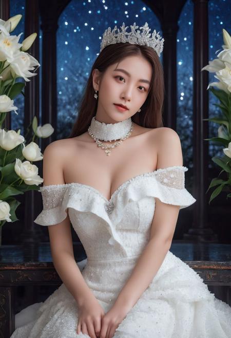photorealistic, OLED, 1girl, Beautiful women, long hair, hair between eyes, very straight hair, half body portrait,  scheekbones, wide chin, wide lower jaw, soft freckles, (hazel eyes), brown cat eye makeup, brown lashes, , detailed face, realistic face, She is wearing a white ruffled dress with white roses, bare shoulder, ruffled choker with white pearls, she is happily snuggling up in it, very cute looking to viewer,  submissive eyes, satisfied face expression,  corsage with diamonds, pearls on choker and silver diadem crown, night sky, starlight, full body,  stands in a jeweled pavilion with columns in the romantic style surrounded by white lilies, Expressiveh, a beautiful woman with curvy body and huge breasts, sinozick style, flat color, dark theme, a white mage witch casting a white spell,  casting air magic, ritual, swirling air, white energy, flying petals,