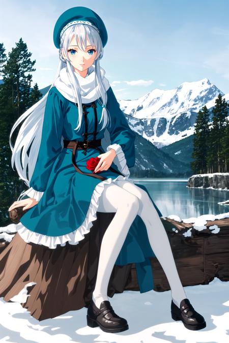 a Nordic woman, solo, sitting, looking at camera, silver hair, long hair, blue eyes, red rose, teal beret, teal long dress, frills, long sleeves, white pantyhose, brown shoes, sky, sun, forest, lake, winter, snow