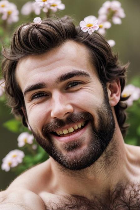 A close-up photo of a handsome hairy chested fit hucrain man, flowers, looking the viewer, Smile