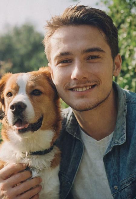 cinematic film still fashion photography portrait of 1man with cute dog as companion, headshot, sunlight , Fine Art & Beauty Photography – ,,light diffraction in frame, dreamy,hazy look.  Helios 44-2 lens mounted on a Praktica MTL 5B Helios 44M-4 lens, 58mm f/2,   in a garden. authentic happy smile towards camera, <lora:hand 4:0.3>