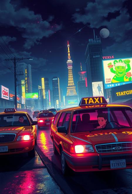 Taxi to hell, vibrant glow,  anime