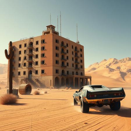 building in the desert in a mad max style, and a cars race near, photorealist, high details, sunny day
