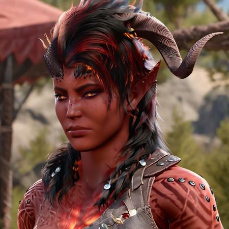 cinematic photo 1girl,solo,red skin,horn,yellow eyes,<lora:karlachxl-000003:1>,muscular female, . 35mm photograph, film, bokeh, professional, 4k, highly detailed