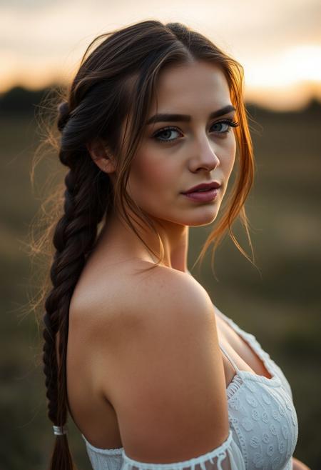 estrict front view of a brunette beautiful woman, long braid over the shoulder side