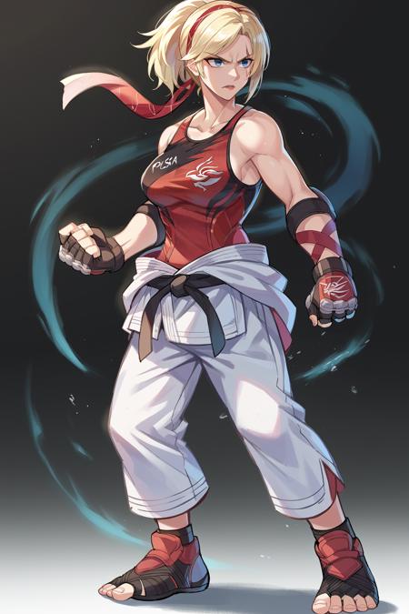 edgLidia,fingerless gloves,scar across one eye,ponytail,red hairband,black karate belt,clothes around waist,dougi,tank top