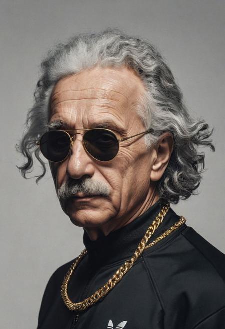 closeup portrait of Albert Einstein with him wearing a black Adidas style tracksuit and gold chains and Rayban style sunglasses, serious look, moody, highly detailed, high contrast, white background