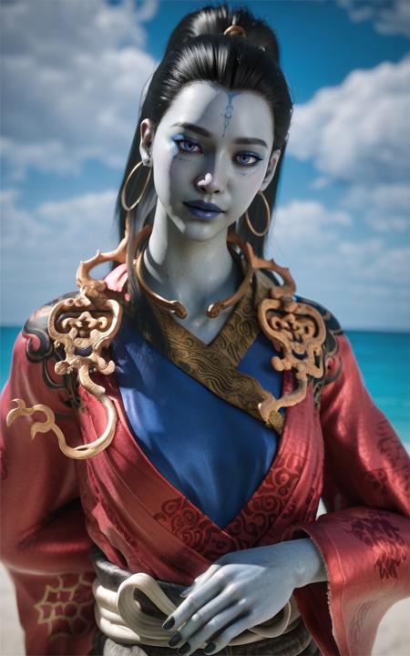 kjlniang, default clothes, red hanfu, grey skin, barefoot, 1girl, black hair, jewelry, colored skin,facial mark, makeup, hoop earrings, kjlong, white Chinese loong, loong, by heishenhua, game cg, no humans, flying, claws,