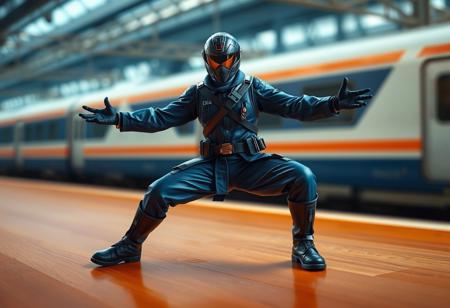 Agent of Judgment warrior on warm wooden surface. Dynamic pose, outstretched arms, legs apart. Blue uniform, black helmet visor, belt, boots. Super Express Bullet Train in background. Ultra-detailed collectible photograph, sharp focus, cinematic studio lighting, macro shot, photorealistic, trending on Artstation, cgsociety.
