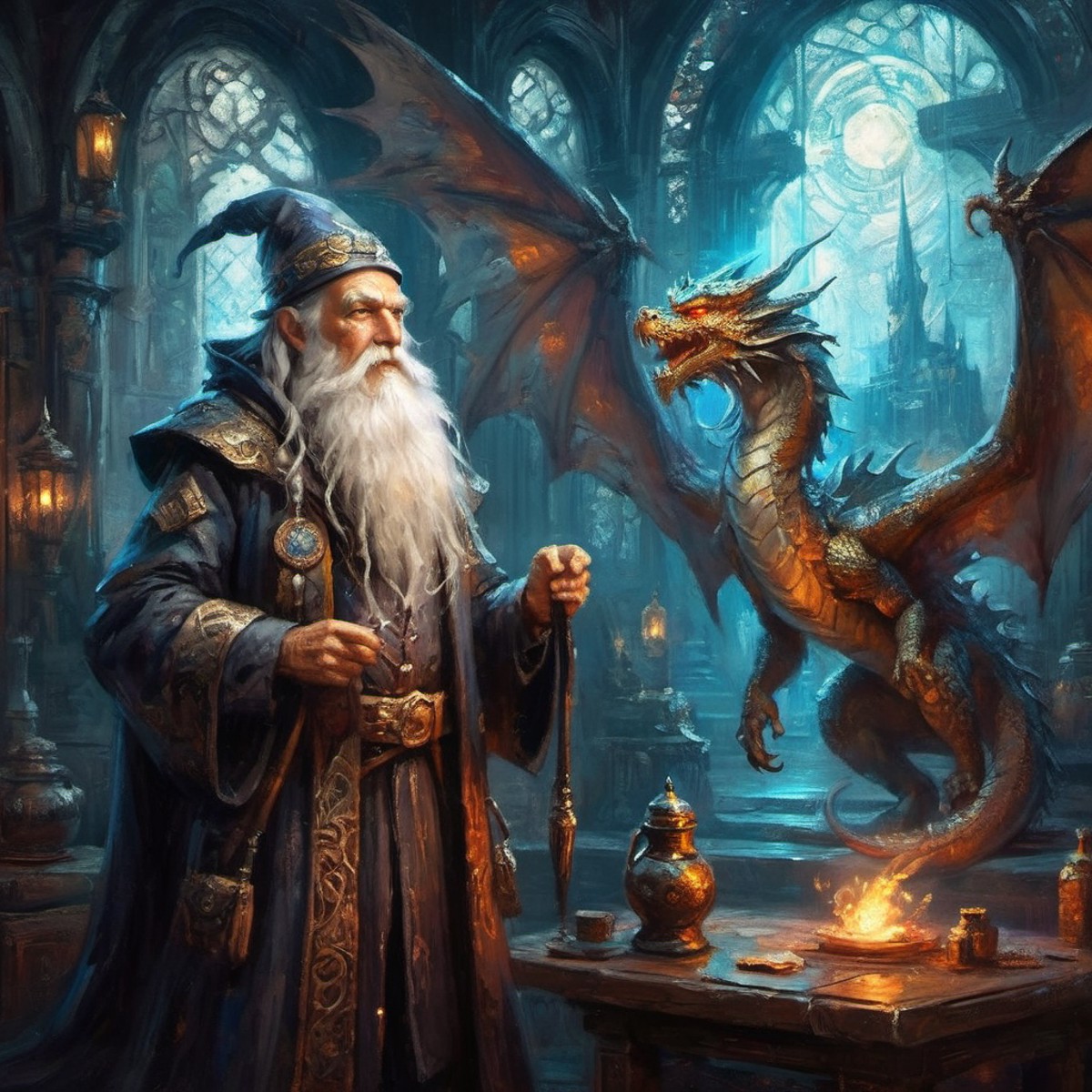 Old wizard with a long white beard with his dragon with cyberpunk enhancements., Masterpiece realistic, best high quality,...