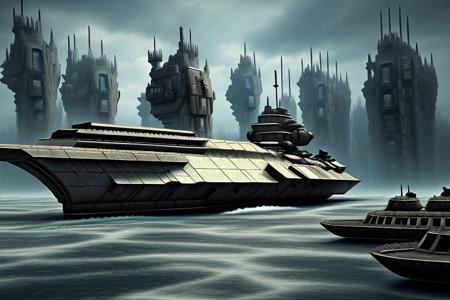 a space pirate battleship among the ruins of an advanced, futuristic city