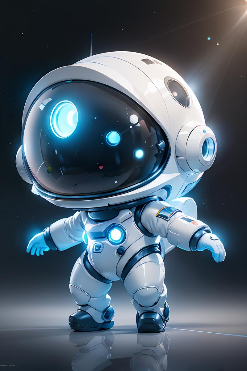 A cartoon astronaut wearing a white and blue spacesuit standing against a dark background.