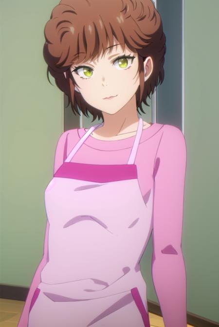 keikikisaragi, <lora:keiki kisaragi s1-lora-nochekaiser:1>,
keiki kisaragi, short hair, brown hair, (green eyes:1.3), smile,
BREAK shirt, apron, pink shirt,
BREAK indoors, kitchen,
BREAK looking at viewer, (cowboy shot:1.5),
BREAK <lyco:GoodHands-beta2:1>, (masterpiece:1.2), best quality, high resolution, unity 8k wallpaper, (illustration:0.8), (beautiful detailed eyes:1.6), extremely detailed face, perfect lighting, extremely detailed CG, (perfect hands, perfect anatomy),