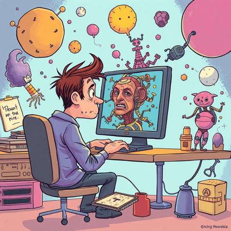 A frustrated artist sitting at a computer, looking at a bizarre AI-generated image on the screen, surrounded by floating, abstract shapes and surreal characters, hinting at the unpredictable quality of Kling, colorful and humorous, cartoonish style.