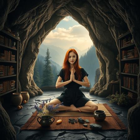 Surreal and imaginative digital artwork featuring a witches home set within a cave. The cave walls are lined with shelves filled with magical paraphernalia and books creating a magical atmosphere. The cave opening reveals a stunning view of forests mountains and lakes. In the centre of the scene, a woman with light skin and long copper hair, she has Asian features and is wearing a short black tunic, is exercising on a mat, her eyes alert. In front of her, there are various items including a pot with lavender, a small cauldron, and a few stones. The overall ambiance is mystical and tranquil with a gothic edge