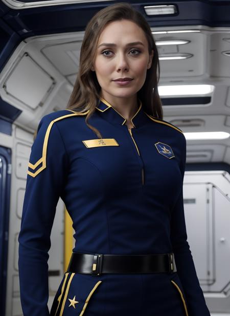 best quality, 1girl, solo, breasts, elizabeth_olsen, wearing (blue allianceuniform) in a space station, long hair,  looking to the side , upper body, black hair,  brown eyes, professional photography, ultra detailed, <lora:elizabeth_olsen_v3:0.6:FACE>,   <lora:allianceuniform:0.6:DEFACE>