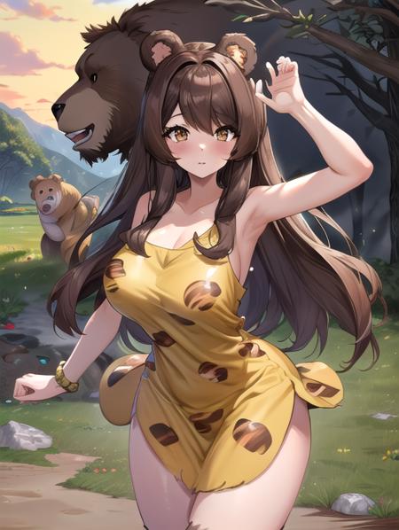 best quality, masterpiece, highres, detailed,  <lora:Detail - add_detail:0.2>, ChihoNTR, brown hair, long hair, brown eyes,  <lora:ChihoNTR:0.8>, StoneAgeCh, yellow clothing, animal print,  <lyco:Change - StoneAgeCh:0.8>, pokemon \(creature\), bear, messy hair, dress, outdoors, caveman,