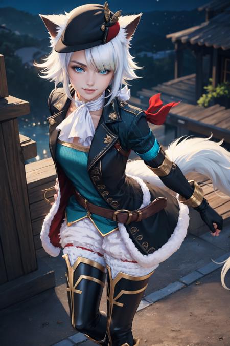 masterpiece, best quality,  <lora:yswhitecat-nvwls-v1-000008:0.9> ysWhiteCat, hat, cat ears, white ascot, black coat, blue shirt, armlet, black gloves, white shorts, fur trim, tail, thigh boots, standing, smile, from above, darkness, night, night sky