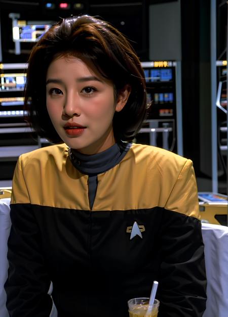 asian woman with curly hair in black and yellow voyunf uniform ,on a starship <lora:VoyunfRefined:0.8>