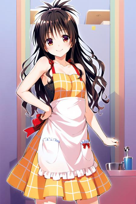 1girl, apron, yuuki mikan, black hair, skirt, long hair, smile,hand on hip, plaid, spiked hair, bare shoulders, <lora:Yabuki Kentarou_XL:0.8>