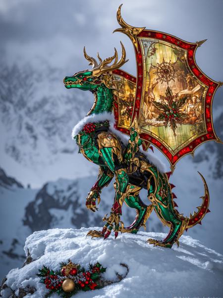 A majestic, biomechanical dragon adorned in shimmering scales of emerald and ruby, with gold accents forming intricate holly and snowflake patterns along its metallic body. Its wings, translucent and glowing faintly, resemble giant stained-glass windows depicting festive scenes. The dragon’s tail is wrapped in a garland of crystalline berries and miniature lights, while its neck features an opulent collar trimmed with white fur. Standing on a snow-covered mountaintop, it radiates regal authority and holiday cheer