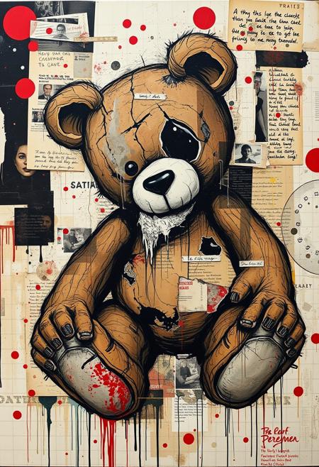 Outsider art. A surreal and deconstructed mixed-media collage in the style of Jacques Prévert with an urgent sense of chaos and energy. An analogue collage artwork blending fragmented styles, layers and textures. 
A Jean-Michel Basquiat street art illustration of a sinister horror movie tattered teddy bear with a broken eye and stuffing falling out.
Layered over this obscuring the image are multiple fragmented and overlapping layers of chaotic thick paint, splatters of paint, palette knife oil paint, handwritten scrawled text messages, torn photographs and broken distorted vintage photographs filling the canvas. 
Layers sections of repetitive brightly coloured dots in Yayoi Kusama style. Fragmented scribbles and abstract graffiti images in Jean-Michel Basquiat style over the top. This hides sections of the image below. Outlines are roughly redrawn in black ink and thick oil paint. The overall effect is manic and anarchic with an urgent sense of energy.