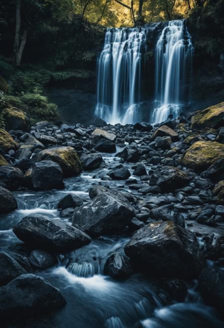 black elements  surrounded by gravel and waterfalls in dark blue tones, high resolution photography, professional color grading, soft shadows, no contrast, clean sharp focus, bokeh background, natural lighting, wide angle shot