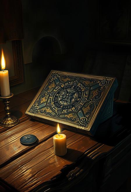 An enchanted relic resting on an old wooden table, illuminated by a single candle, with detailed engravings and mystical energy radiating from it
dark fantasy realism meets dynamic digital illustration, rich atmospheric lighting, intricate and highly detailed compositions, dramatic chiaroscuro, strong contrasts with ethereal glow, textured painterly surfaces combined with crisp digital refinement, expressive and heroic character design, mystical and gothic undertones, rich earthy and moody color palettes, fluid yet structured compositions, fusion of classical artistry with modern fantasy aesthetics, immersive storytelling with a cinematic feel