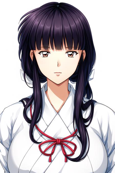 Simple White Background,
white kimono,White japanese clothes,wide sleeves,
red hakama,red Skirt,
<lora:Kikyo_Inuyasha-KK77-V1_2:0.7>,
bangs, blunt bangs, brown eyes, long hair,Black Hair,
<lora:Oda_Non_Style-KK77-V2:0.3>,<lora:more_details:0.1>,
1 girl, 20yo,Young female,Beautiful Finger,Beautiful long legs,Beautiful body,
Beautiful Nose,Beautiful character design, perfect eyes, perfect face,expressive eyes,perfect balance,
looking at viewer,(Focus on her face),closed mouth, (innocent_big_eyes:1.0),(Light_Smile:0.3),
official art,extremely detailed CG unity 8k wallpaper, perfect lighting,Colorful, Bright_Front_face_Lighting,White skin,
(masterpiece:1.0),(best_quality:1.0), ultra high res,4K,ultra-detailed,
photography, 8K, HDR, highres, absurdres:1.2, Kodak portra 400, film grain, blurry background, bokeh:1.2, lens flare, (vibrant_color:1.2),professional photograph,
(Beautiful,large_Breasts:1.4), (beautiful_face:1.5),(narrow_waist),