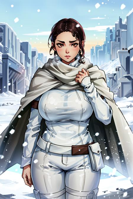 padme sd, looking at viewer, breasts,  brown hair, brown eyes, ((mature female)),  thick thighs, ,white outfit, cape, ((cel shading,)), snow,snowing, tundra, outdoors,    <lora:padme sd -000009:0.6>,