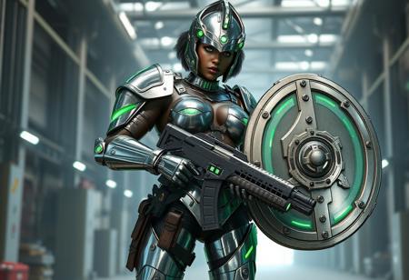 Videogame unreal engine 4 render image of a tall large bodybuilding buff muscular sexy hot black female soldier from the year 2150, cool sexy futuristic military character design, she has short curly hair, green eyes, green lipstick, she is tall and large and has huge breasts and muscles, she is wearing full body chrome military armor that's inspired by gladiators from Rome, including a roman gladiator helmet with a green transparent eye visor, the armor is chrome eith green LED embedded in it, her chrome armor is showing signs of damage and degradation, bullet marks, scratches amd grime, she is also wearing brown military and ammo pouches on her legs and belt, she is standing in a factory, she is holding a massive heavy machine gun with her right arm, there is a large green energy riot shield attached to her left arm, bullet belt, industrial lighting, epic pose.