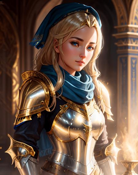 Masterpiece, absurdres, fine detail, HDR,highly detailed armor with gold plating, shiny armor, photorealistic,<lora:PLD_amor:0.75>,PLD_armor, a female knight in armor, wearing PLD_armor, blue scarf