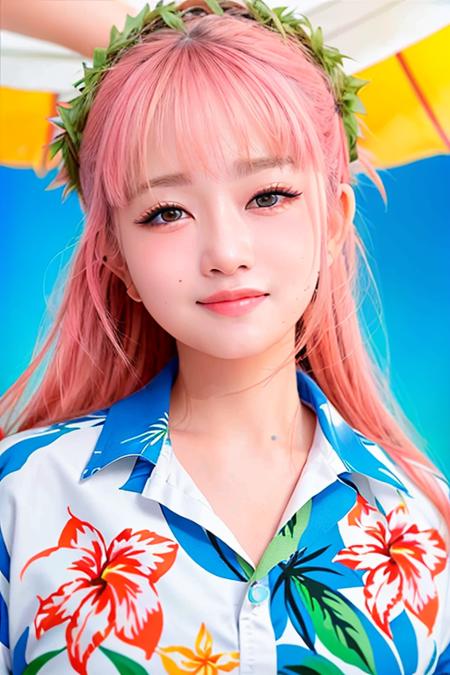 reive wearing a (hawaiian shirt:1.2), 1girl, makeup, eyeliner, pink hair, detailed beach background, summer, (quality:1.4), (photorealistic:1.4), happy smile, looking at viewer, highly detailed skin, skin pores, subsurface scattering, absurdres, perfect anatomy, realistic proportions, perfect lighting, sharp focus, 85mm lens, side lighting, vibrant,