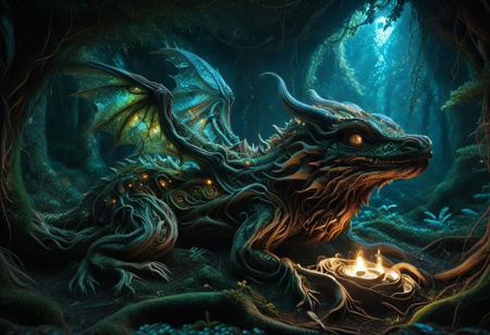midjourneyv6.1, PG-TR, glowing cave nursery inside a giant tree root system, soft firelight and bioluminescence, 
(1 young dragon), wings formed from fractalized root membranes, scales made of bark and amber crystals, 
tiny glowing mushrooms on its horns, curled in a nest of moss and enchanted vines, 
surrounded by floating glyphs and protective light spores, curious eyes looking up at the viewer