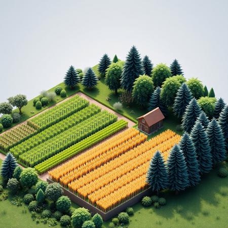 (isometric view,miniature:1.5),CG,8k,3d,gradation,summer,(farm,flower, wheat field, corn field, forest)