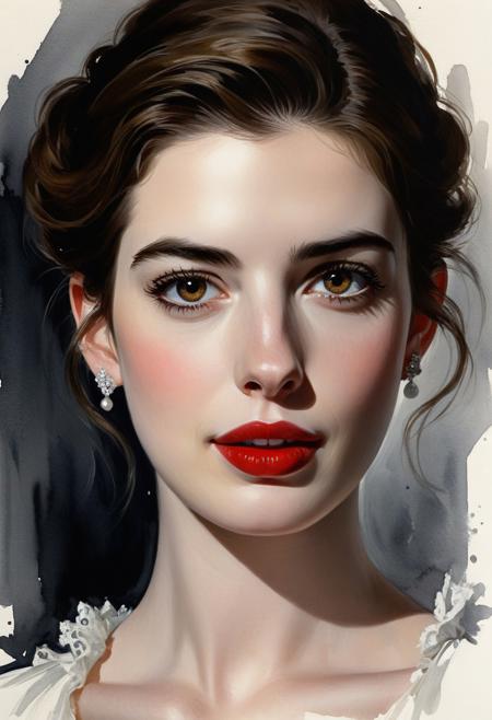 (Anne Hathaway),victorian era hungarian female xix century female, hazel hair, red lips, pretty features, Wadim Kashin, James Gurney, Ink, splash art", amazing beauty , Royo, Bak, hyperdetailed Splash artmodern European ink painting, Movie Still, Film Still, Cinematic, Cinematic Shot, Cinematic Lighting