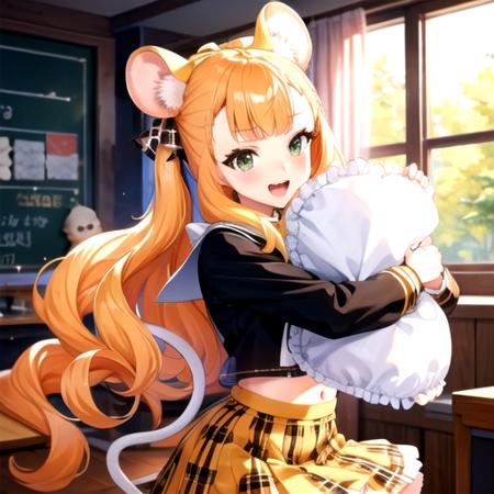 <lora:Kathrina-03:0.8>,kathrinawds, solo, looking at viewer, smile, open mouth, skirt, shirt, long sleeves, bow, navel, animal ears, school uniform, tail, white shirt, :d, hair bow, pleated skirt, midriff, pillow, plaid, plaid skirt, brown skirt, object hug, mouse ears, tail ornament, mouse tail, pillow hug, tail bow