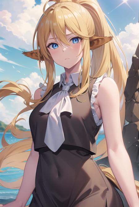 centorea shianus, animal ears, blonde hair, blue eyes, centaur, horse ears, horse tail, long hair, monster girl, ponytail, tail, sleeveless, shirt, white shirt, neckerchief, red neckerchief, collar, skirt, black skirt,