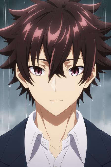 tenjou yuuya, 1boy, male focus, solo, brown hair, brown eyes, beautiful detailed face, beautiful detailed eyes, rain, school uniform, wet hair, wet clothes, fog,