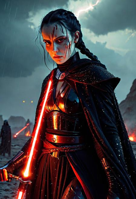 A beautiful Dark Sith lord with braided black hair stands defiantly amidst a raging storm on a desolate battlefield. Her Sith robe are intricately detailed and reflect the flickering light of distant fires, Star Wars style, The light of battle illuminates her determined expression as she prepares to face the dark enemy, holding the Red Lightsaber in his hand, Close up. Star Wars art style, Standing on a battlefield at the head of an army of Dark Siths, where a bloody slaughter is taking place, standing in battle pose, cinematic lightning, intricately detailed black and red Sith robe, The scene is reminiscent of a Greg Rutkowski concept art piece, realistic pale freckled face covered in blood, with dramatic lighting and a dark, curvy, looking at viewer, gritty atmosphere, Ultra-detailed, Raytracing reflections, High contrast, beautiful Dark Sith lord, beautiful firm body, girl athletic figure, (the pale face is very similar to Wednesday: 1.6), oranges, and greens, attractive 21 years old woman, cinematic lightning, Cinematic film still, Medium shot. Best quality, Masterpiece, The scene is reminiscent of a Greg Rutkowski concept art piece, realistic pale freckled face covered in blood, with dramatic lighting and a dark, gritty atmosphere, asymmetrical balance