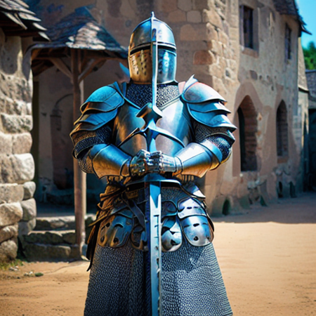 an heavyknight, standing in front  of medieval village, holding a mace,waering armor, tabar,  full-length photo, 70mm lens, symmetrical, posing, sharp, textured skin,  realistic,intricated detailed, detailed gauntlet ,(perfect fingers:1.2),  photographed by a Nikon Z7 II Camera,(high detailed armor:1.2),8k uhd,  <lora:heavyknight:0.8>