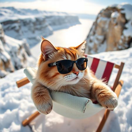 A cat wearing sunglasses, lounging on a mini beach chair, snow hill
