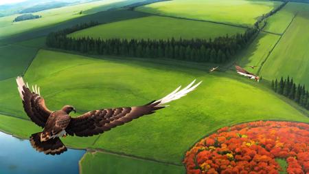 flying bird, best quality, amazing intricate, (no humans:1.2), hawk, (spread your wings straight:1.2), (gliding, center, from behind:1.4), (high altitude:1.3), bird view, (vast nature, meadow, mountain, liver, forest:1.3)